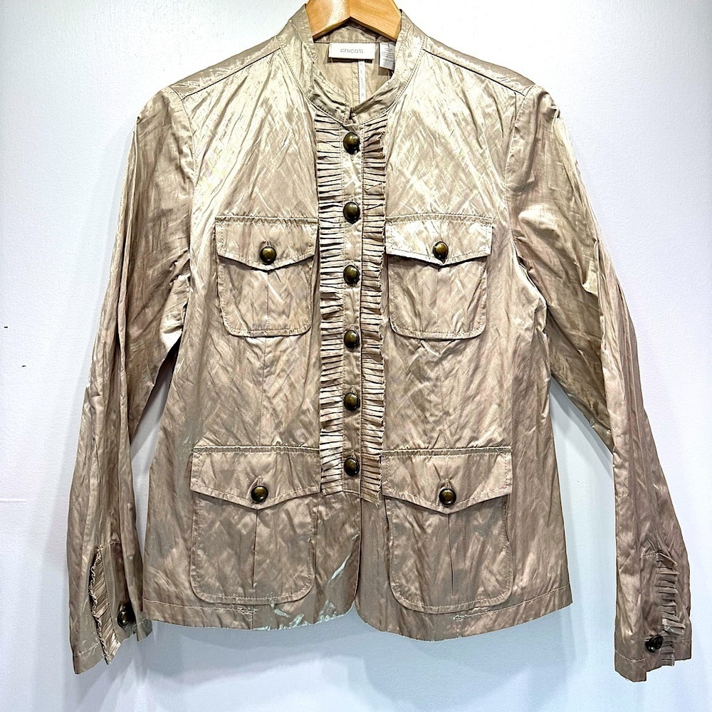 Chico’s Ruffle Texture Rory Jacket in Khaki Metallic Tan with Bronze Buttons 1/M